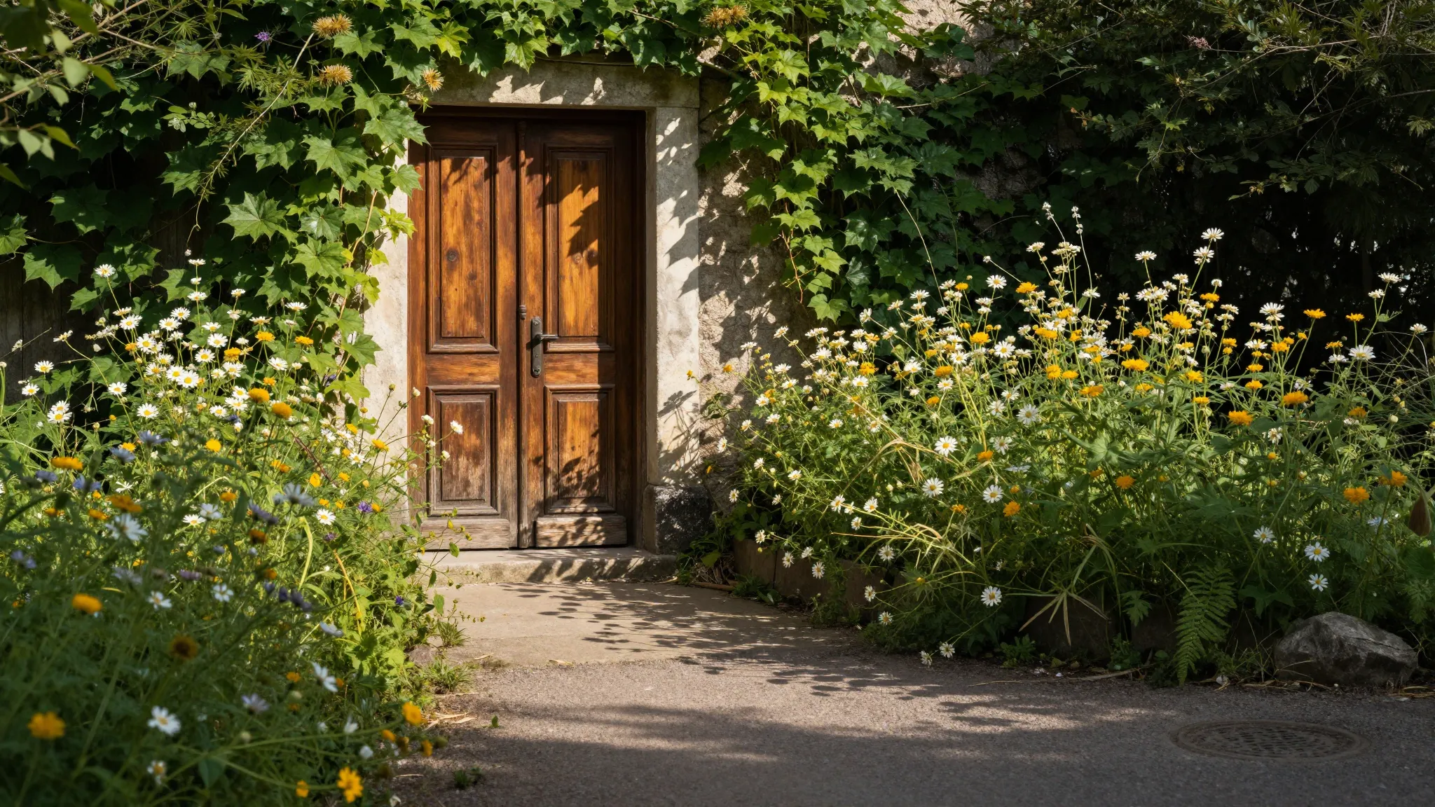 A picturesque view of an old house entrance with a vintage w...