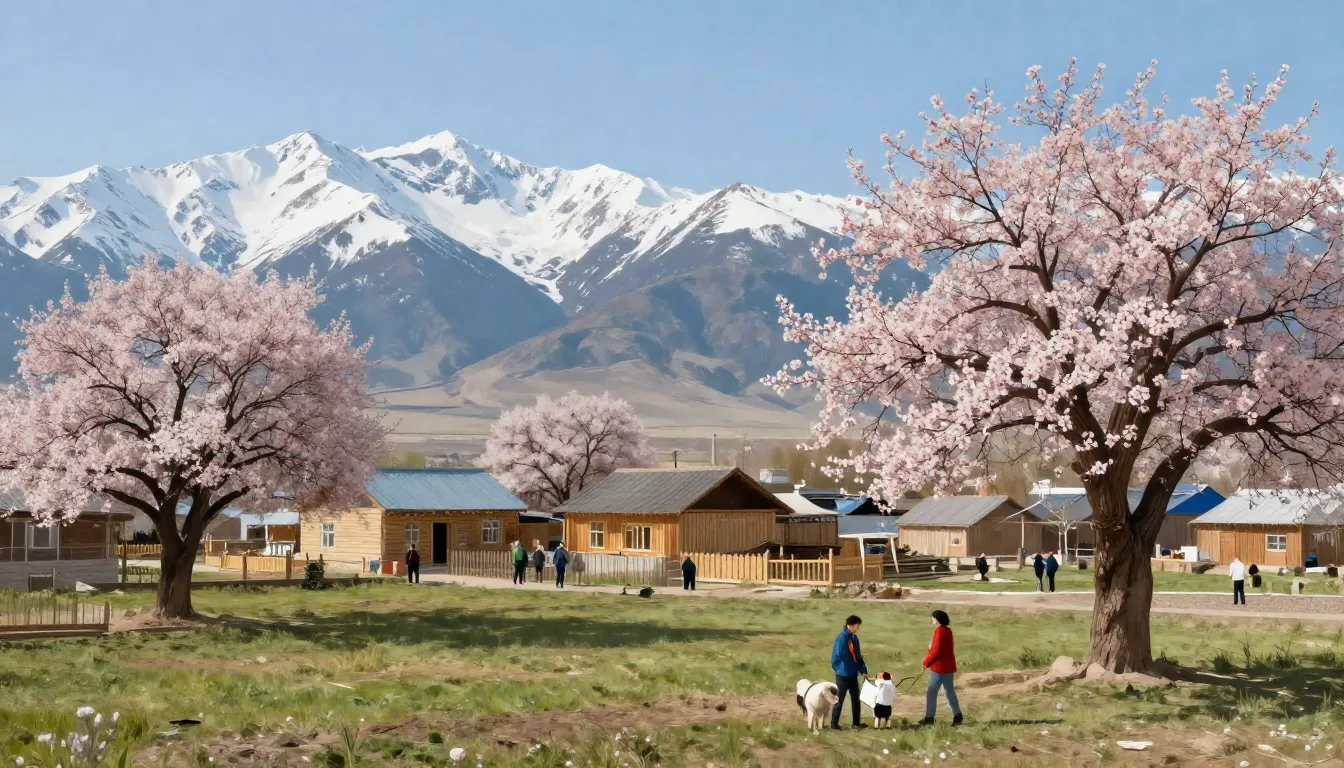 Beautiful illustration of a Kyrgyz village in spring, bloomi...
