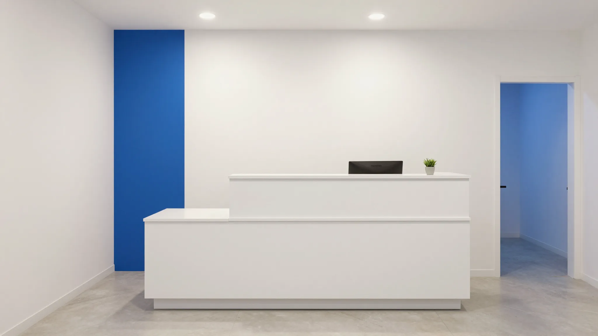 Minimalist interior design of a pickup point, white walls, b...