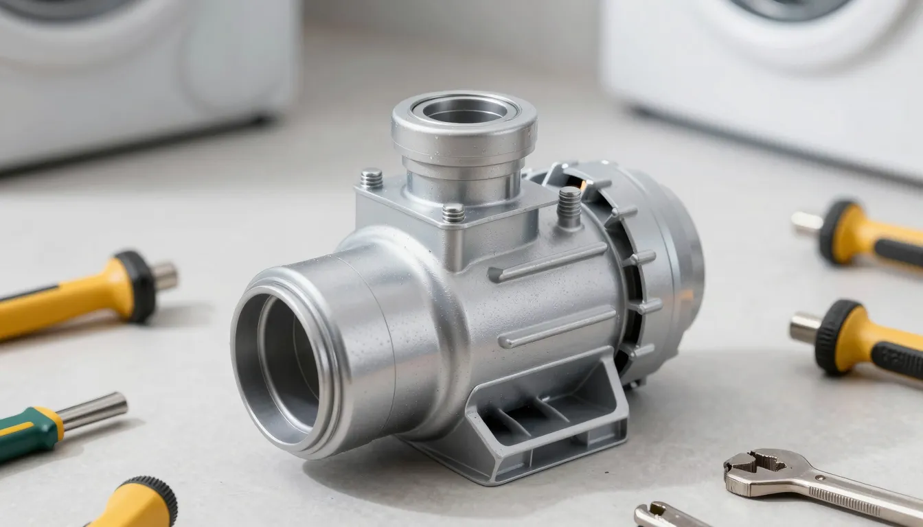 A new washing machine drain pump lying next to professional ...
