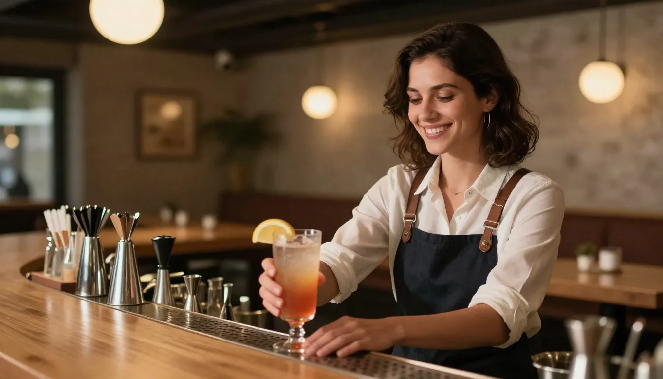 A friendly atmosphere in a modern bar, a smiling female bart...