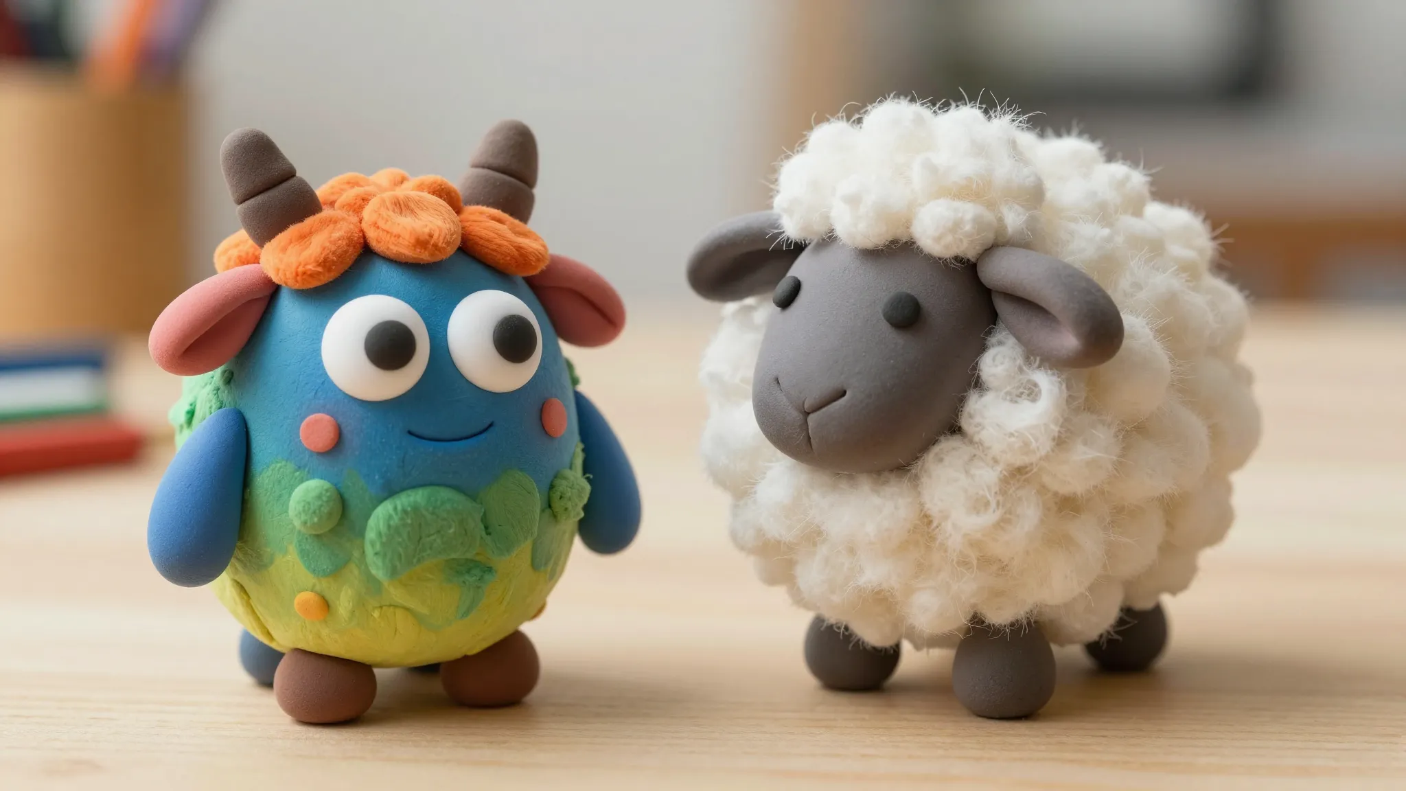A close-up of two unique, handmade toys. One is a whimsical,...