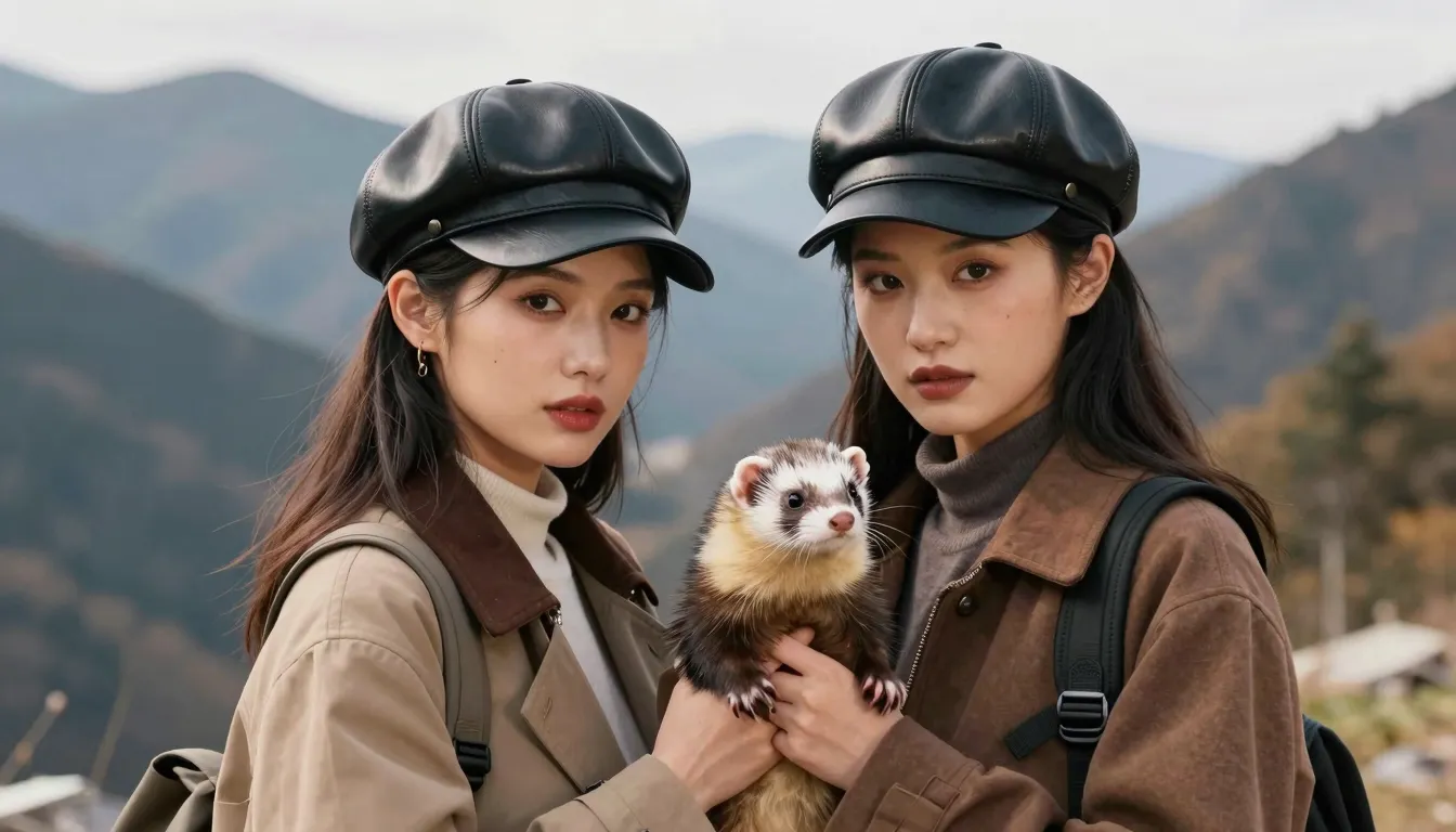 Two stylish Asian women wearing glossy black leather newsboy...