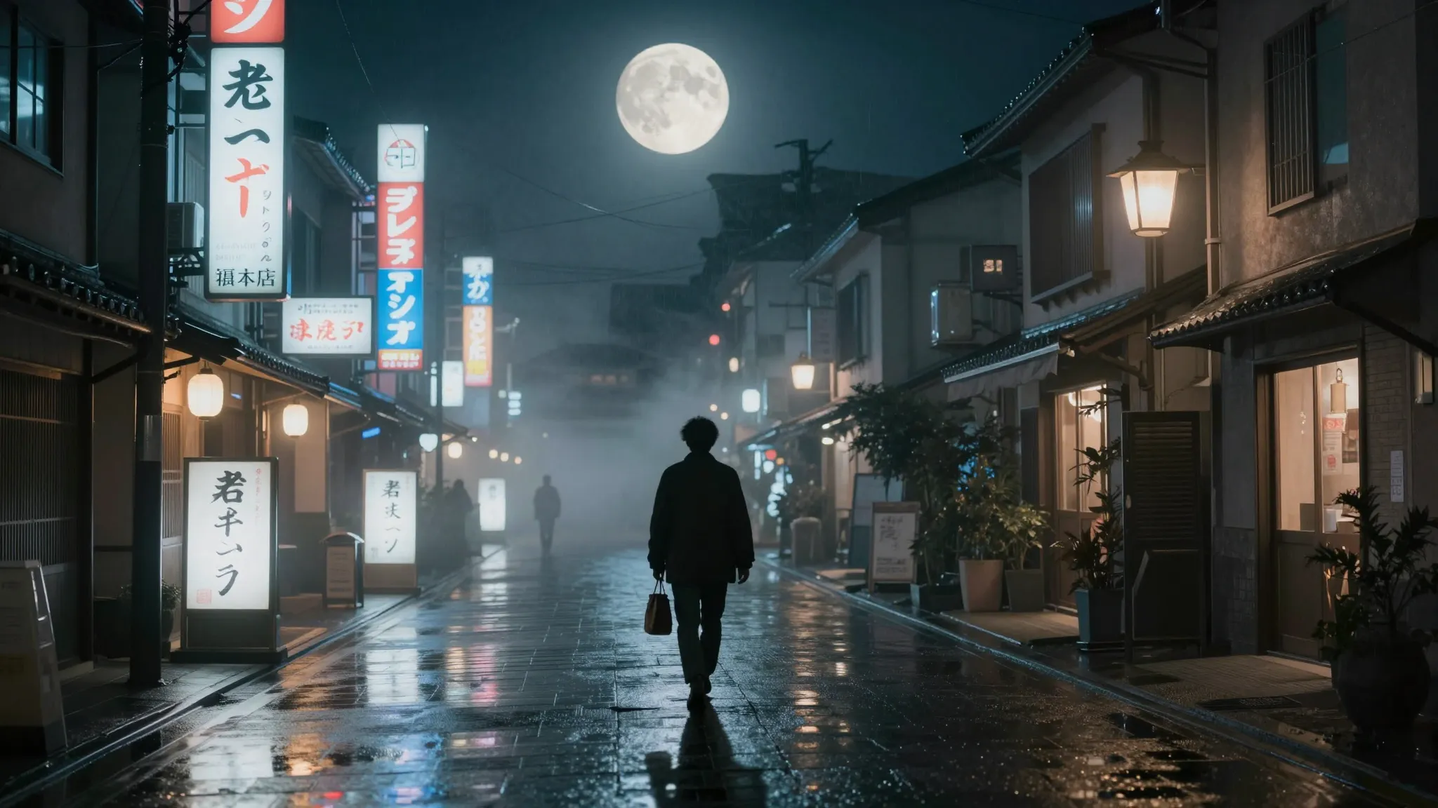A lonely figure walking through a misty Japanese street at n...