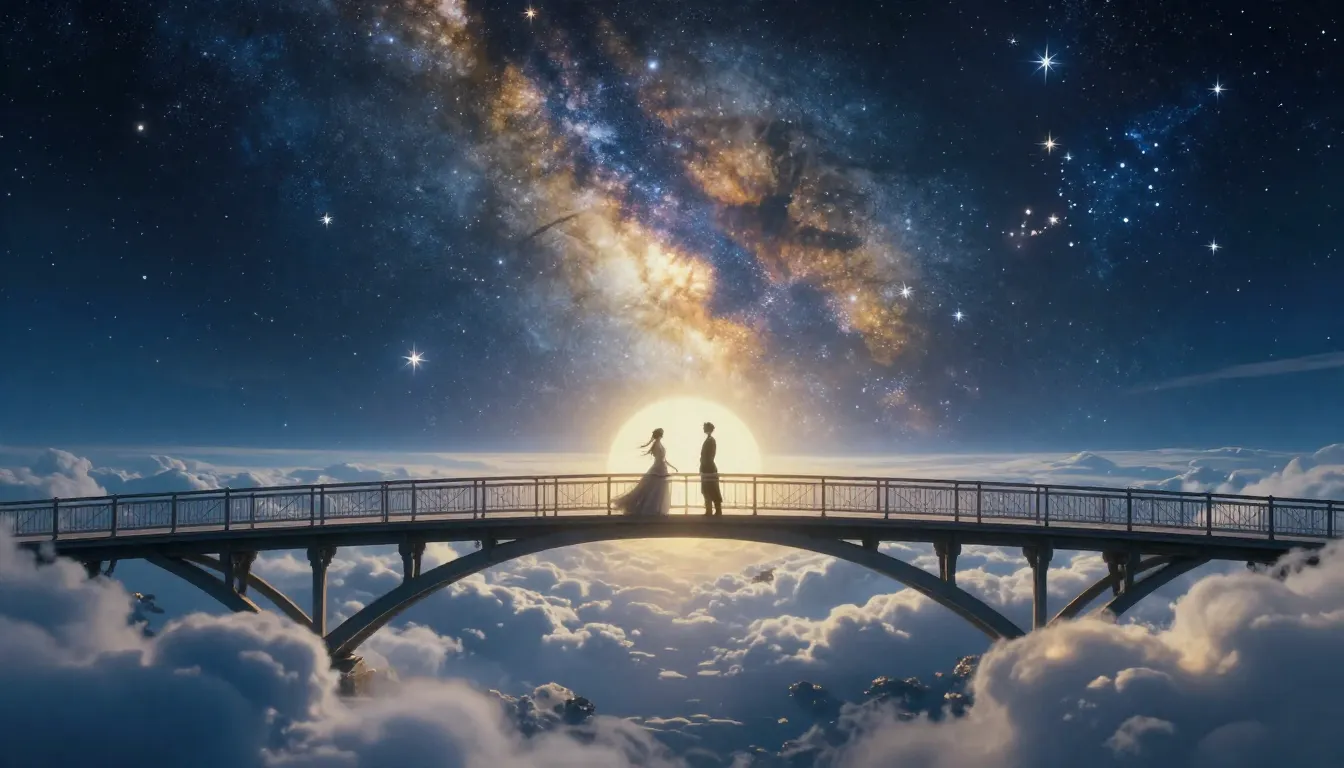 A cinematic masterpiece of two souls meeting on a bridge mad...