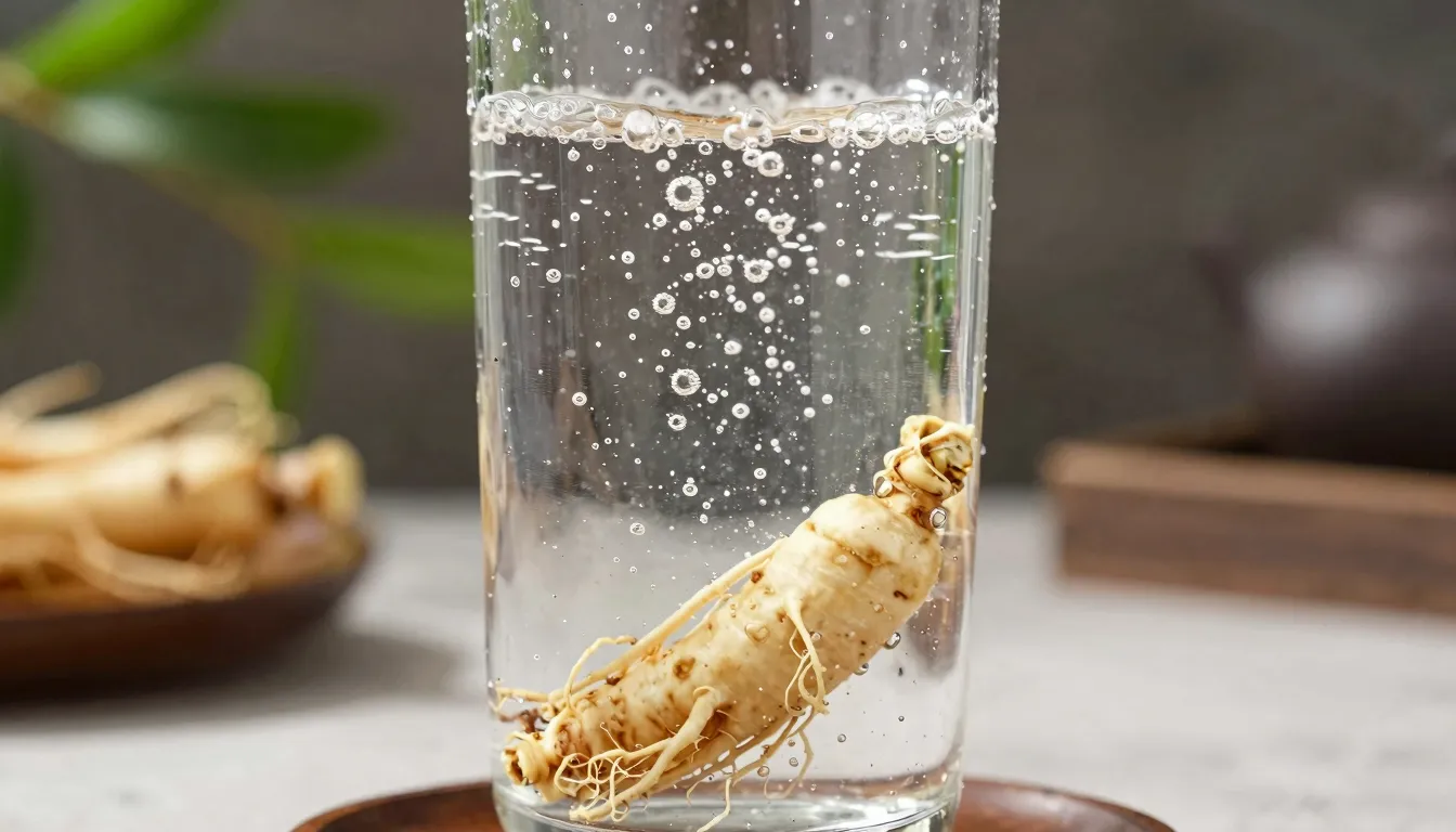 Refreshing mineral water with bubbles in a tall glass, a pie...