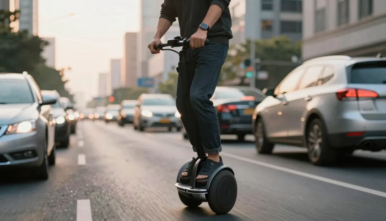 A cinematic shot of a person on an electric unicycle gliding...