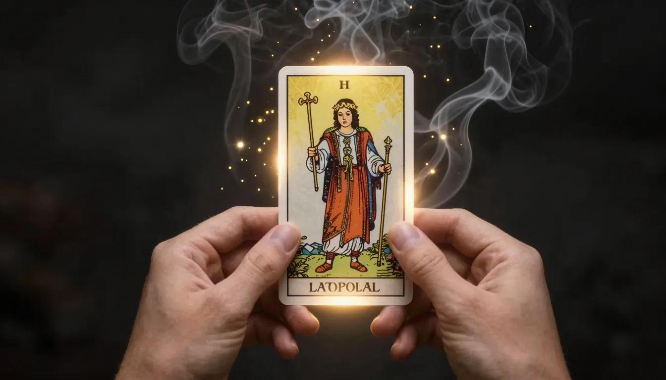 A pair of hands holding a glowing tarot card, mystical smoke...