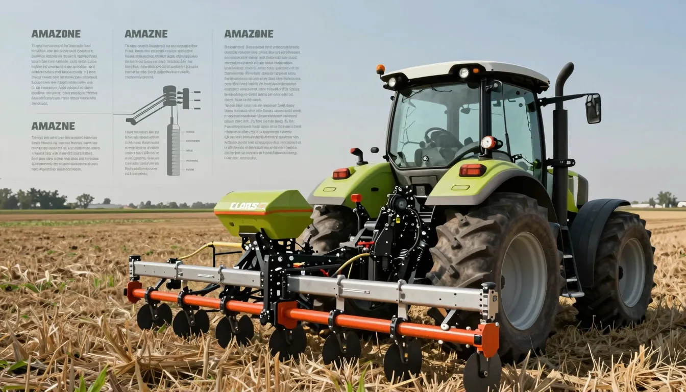 Cinematic shot of a CLAAS tractor with an AMAZONE seeding co...