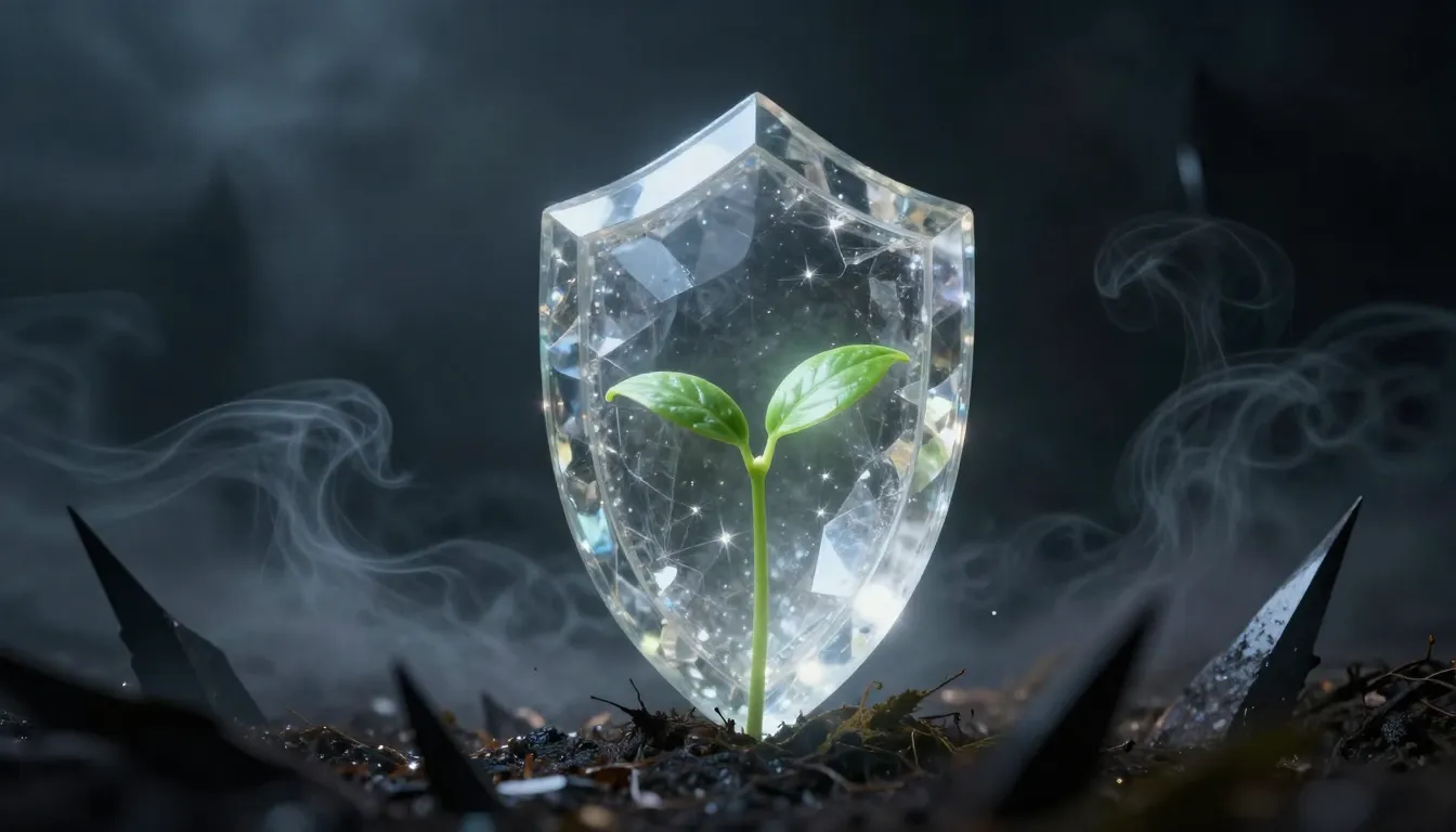 A majestic translucent crystalline shield protecting a small...