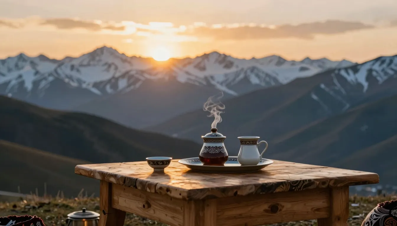 A peaceful morning scene in the mountains of Kyrgyzstan, gol...