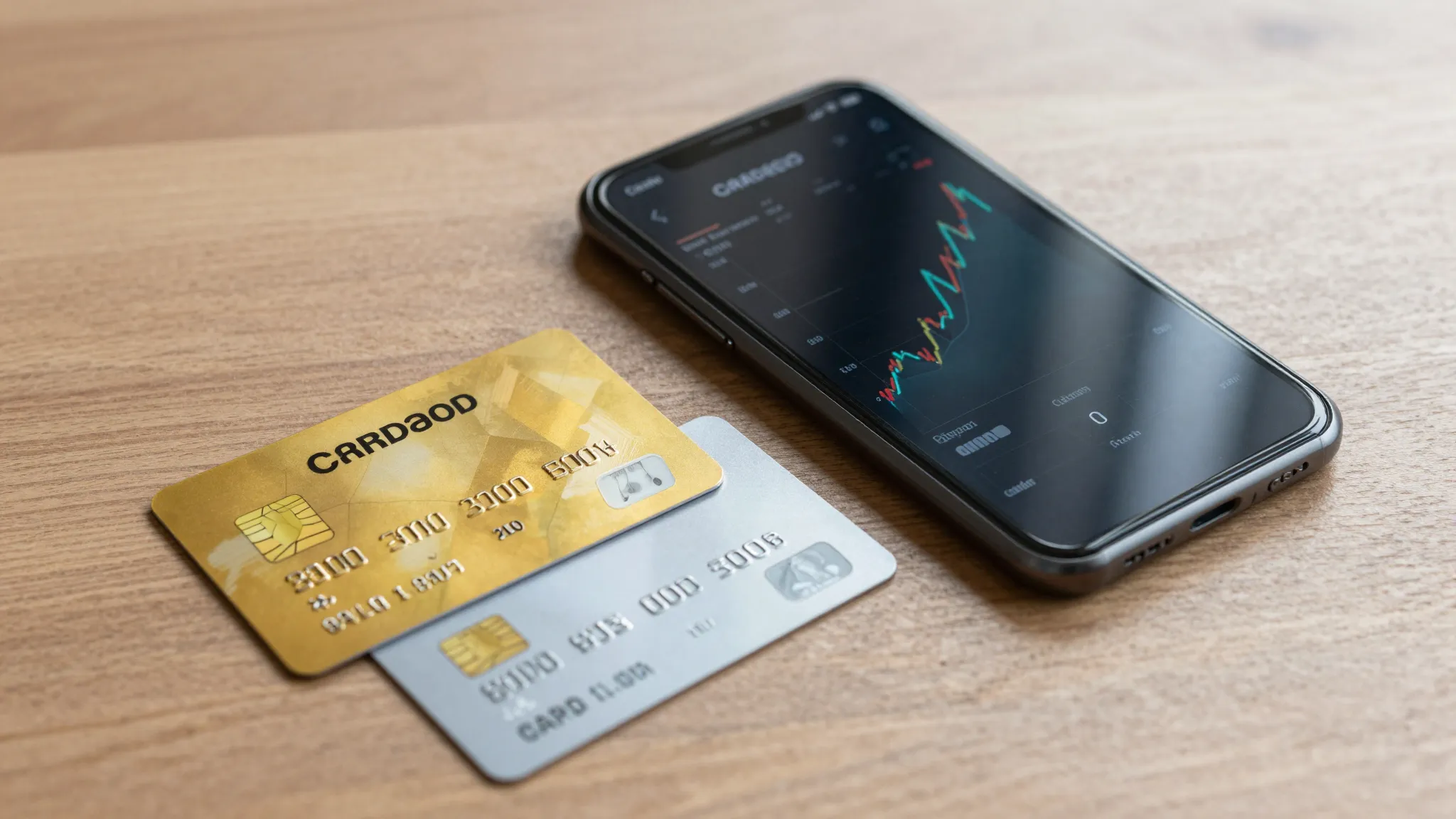 A gold credit card and a silver bank card placed on a wooden...