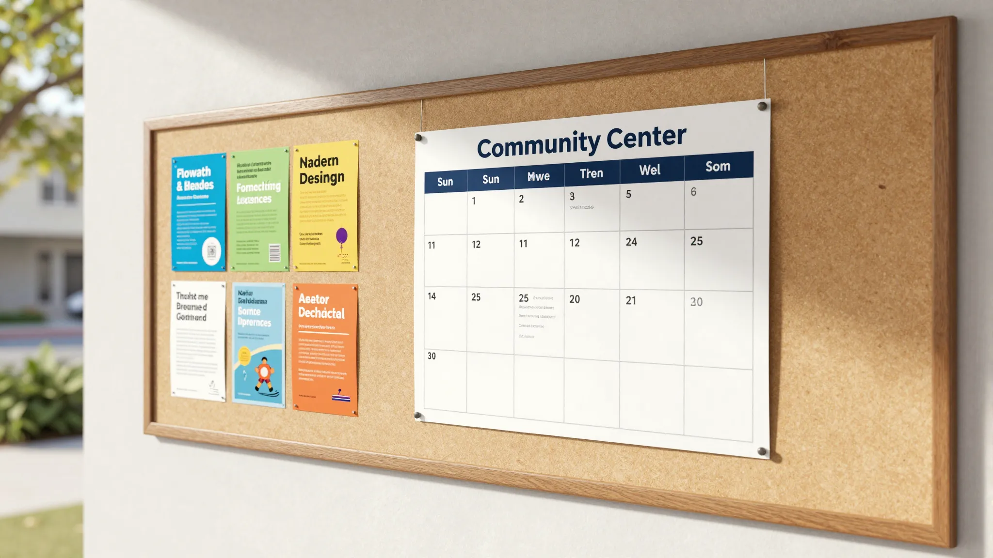 A modern community center bulletin board with colorful flyer...