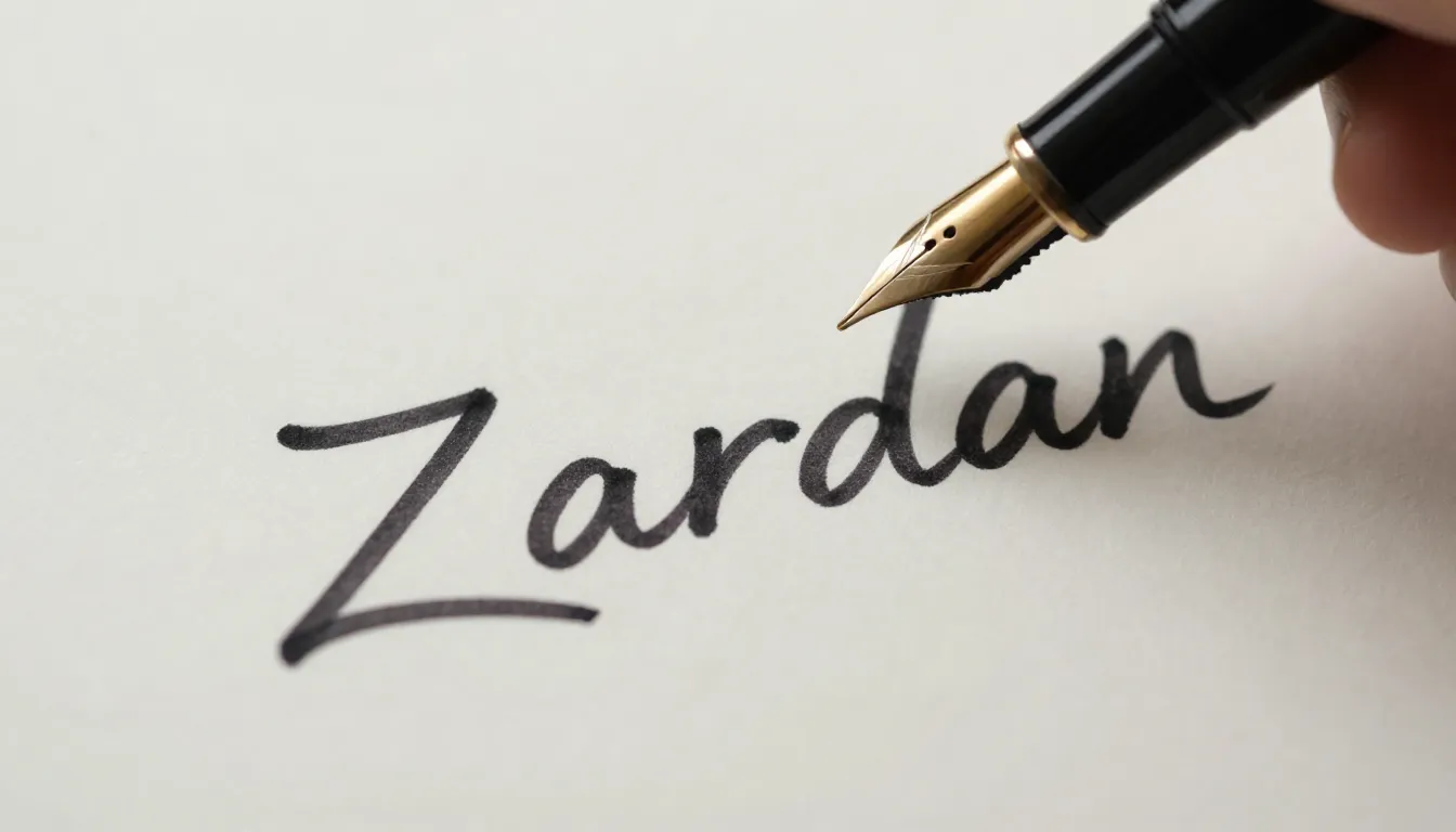 Close-up of a fountain pen drawing the word 'Zardan' in a be...