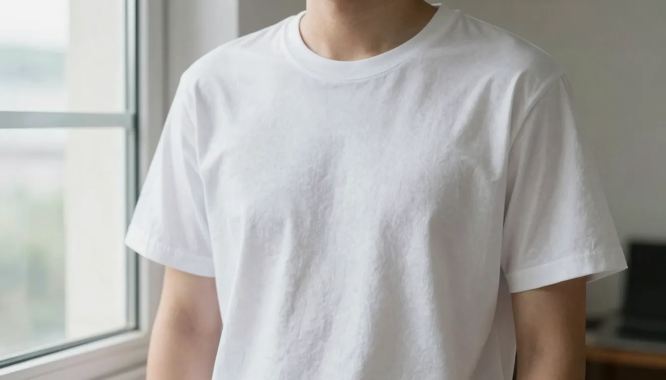 A person standing by the window wearing a clean white t-shir...