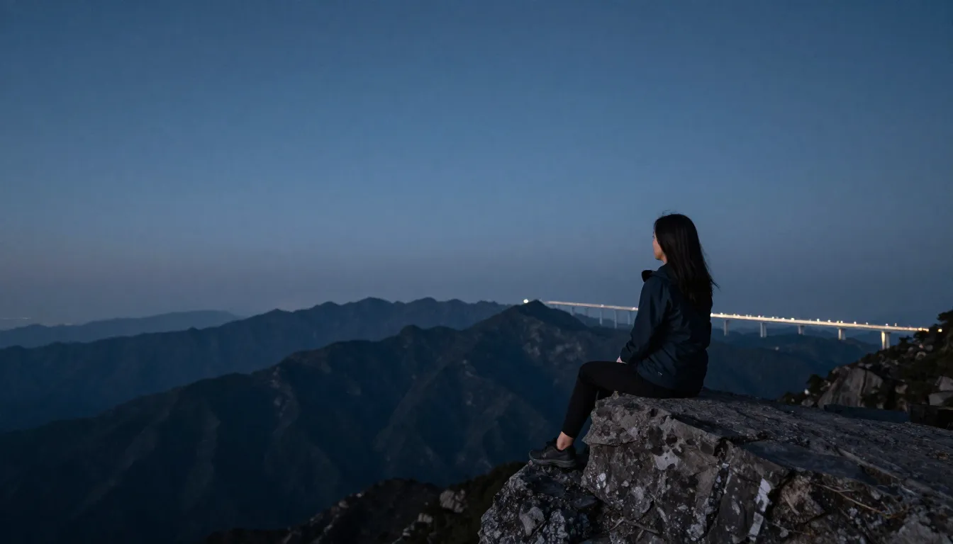 A realistic photo of a woman looking at the horizon from a h...