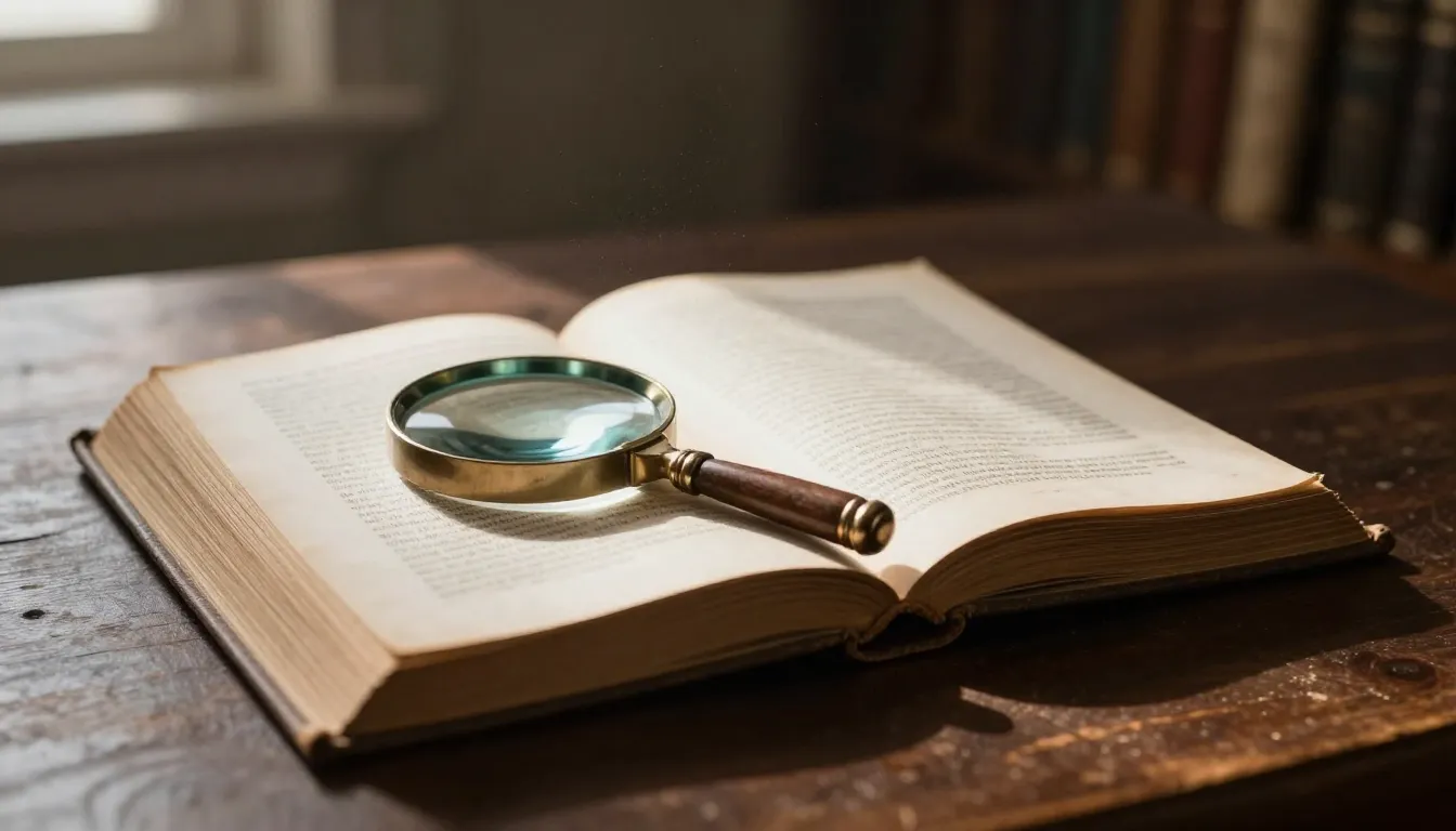 An open old book with a magnifying glass on a dark wooden ta...