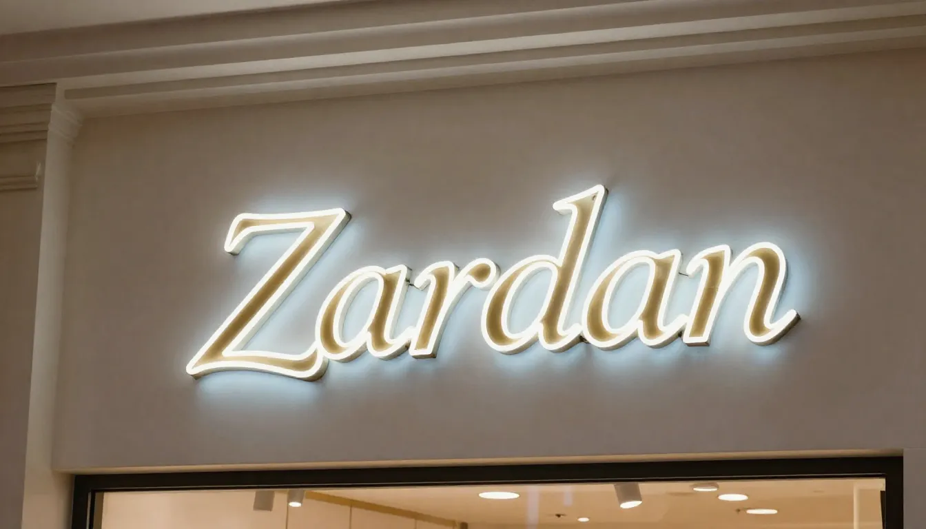 Luxury store interior with a glowing neon sign on the wall d...