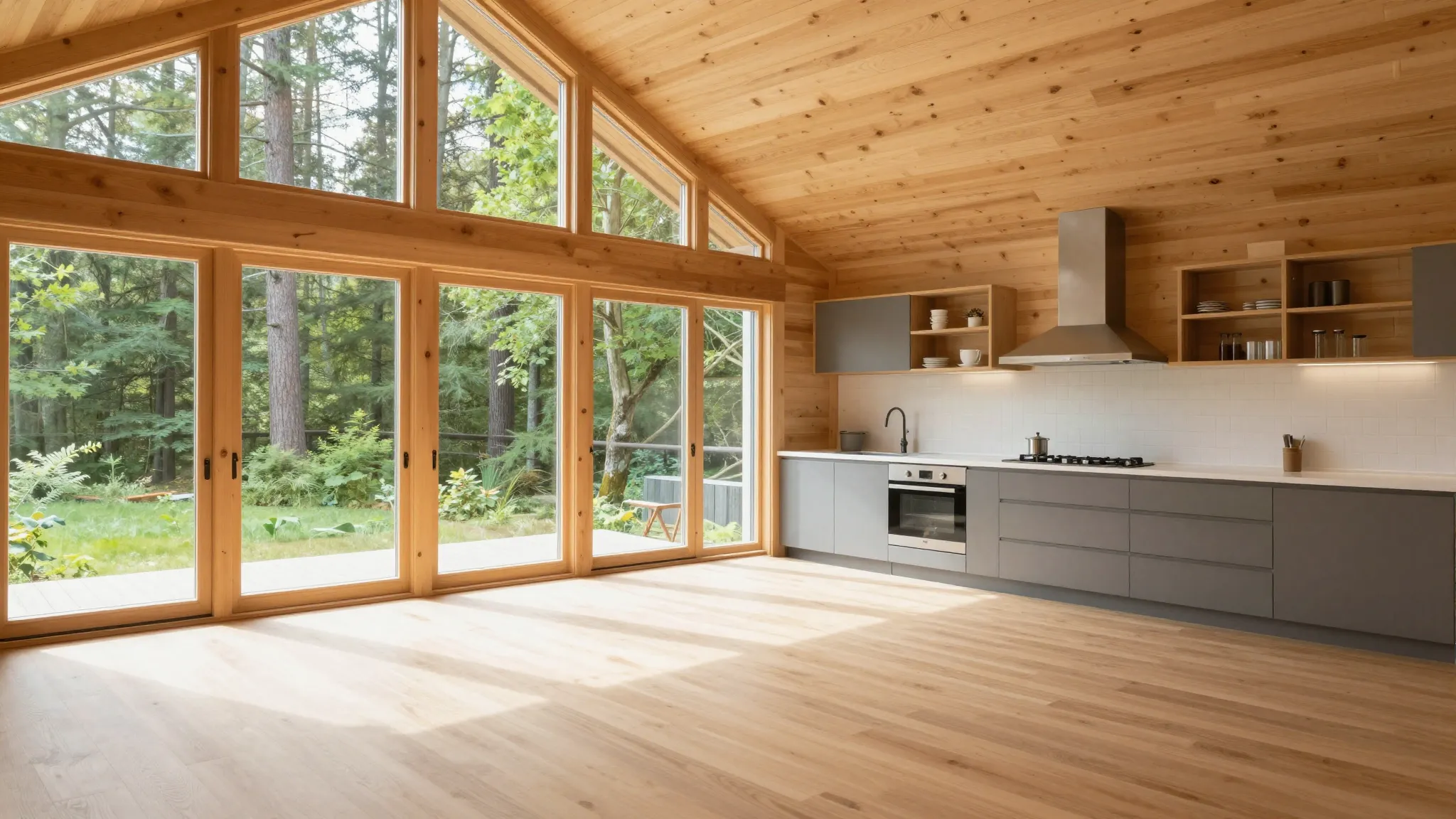 Bright interior of a modern kitchen-living room in a wooden ...
