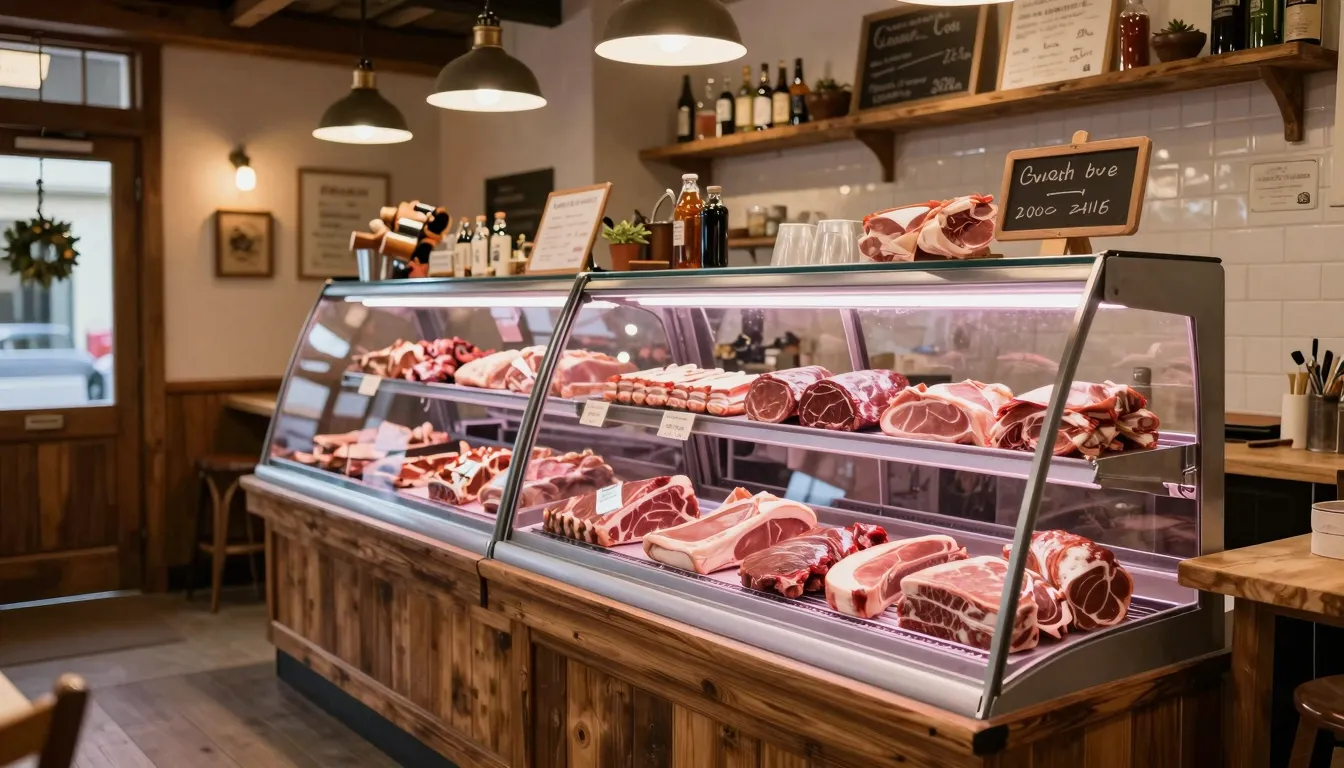A cozy rustic butcher shop interior with wooden elements, di...
