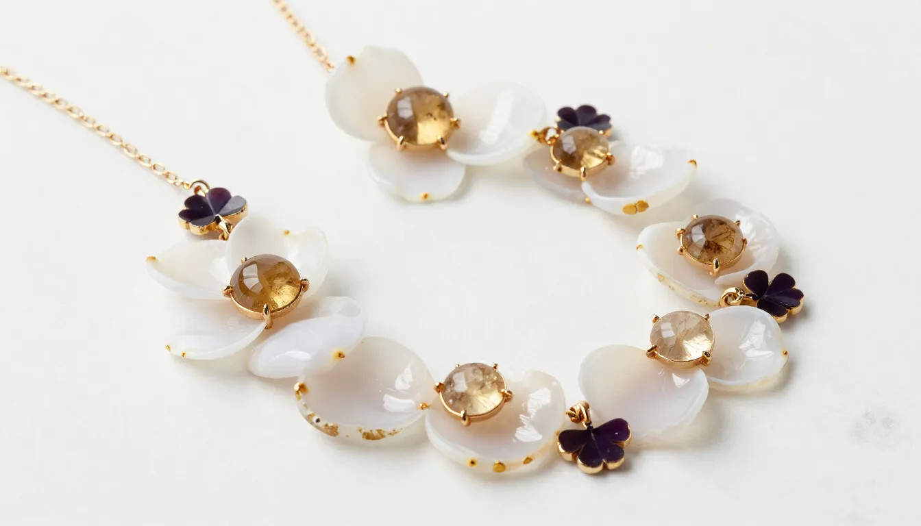 Elegant jewelry set with white flower petals made of agate, ...