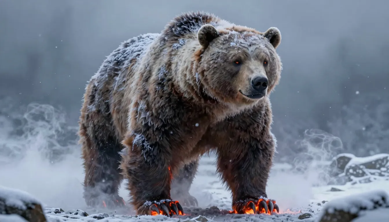 A giant fantasy bear with glowing lava paws standing in a bl...