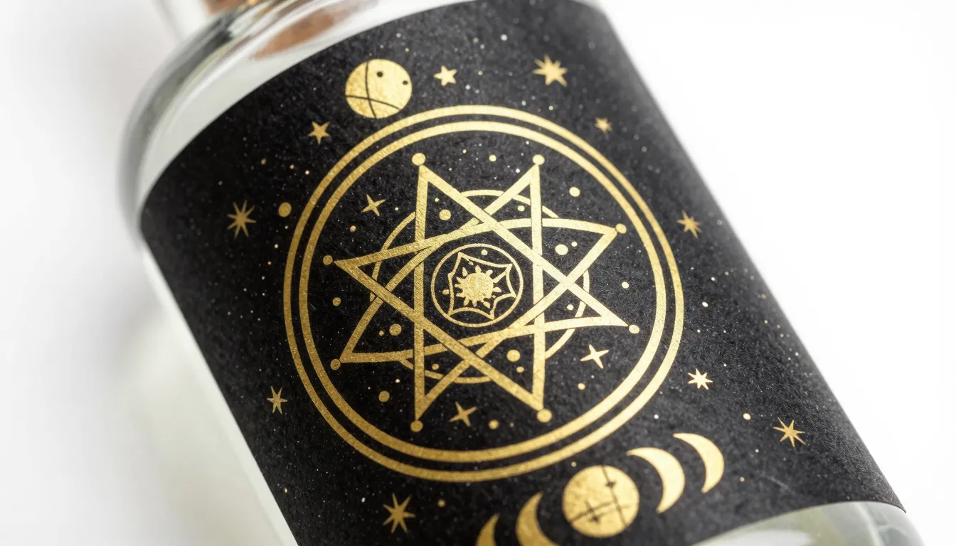 Mystical alchemy label for a bottle, sacred geometry symbols...