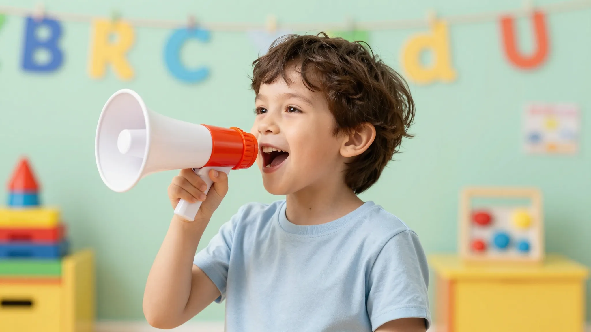 A cheerful child speaking into a colorful toy megaphone, bri...