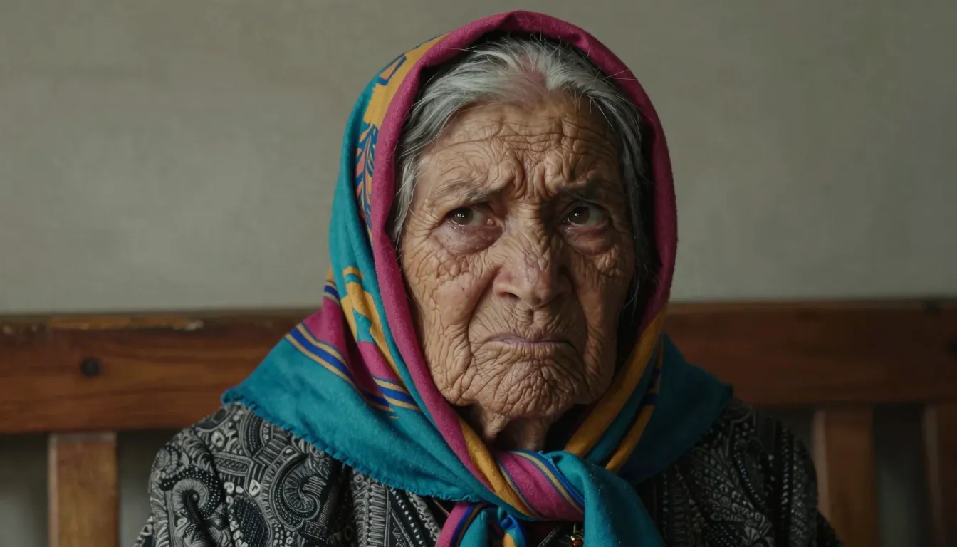 An expressive elderly woman with a grumpy face, wearing a tr...
