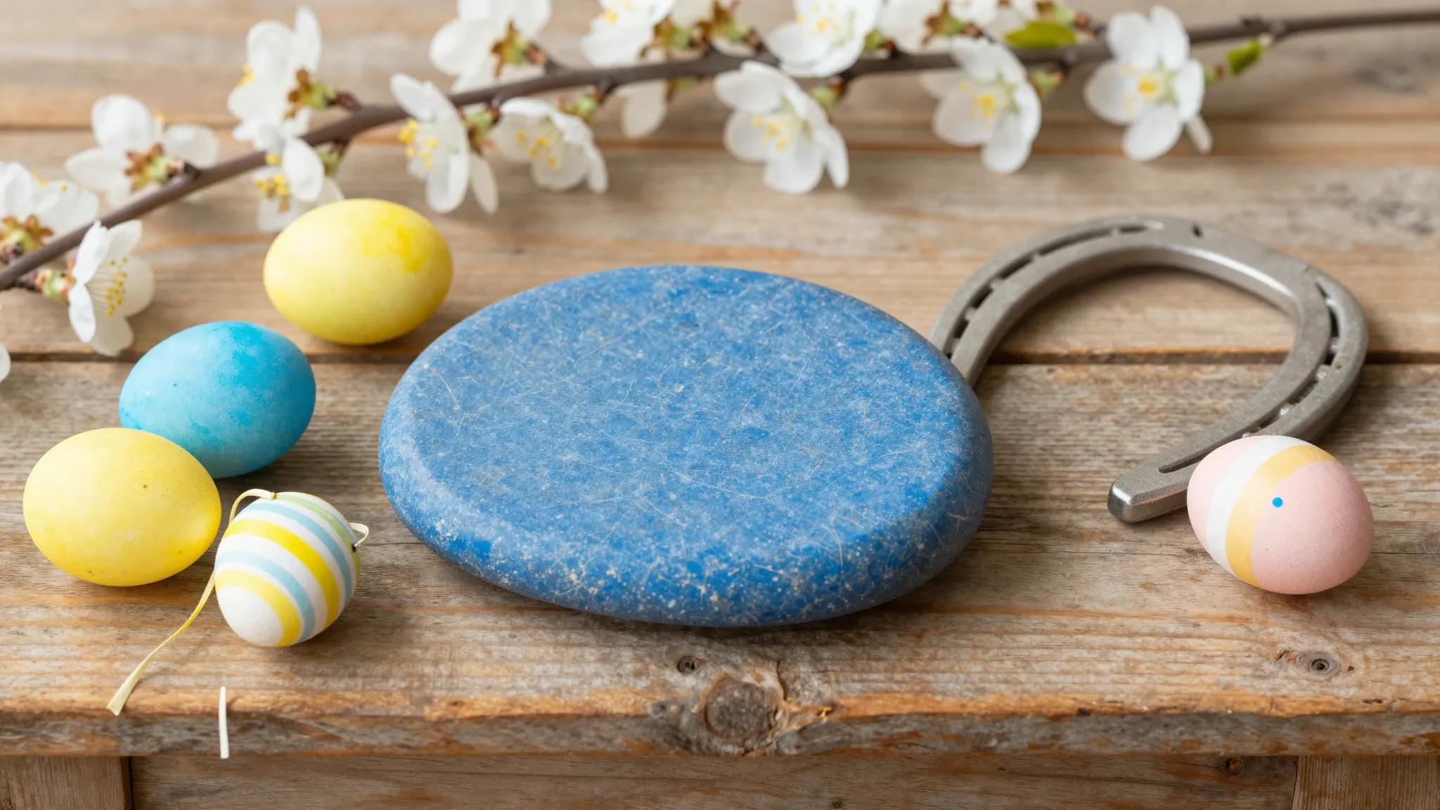 A rustic wooden table with a blue stone, Easter eggs, and a ...