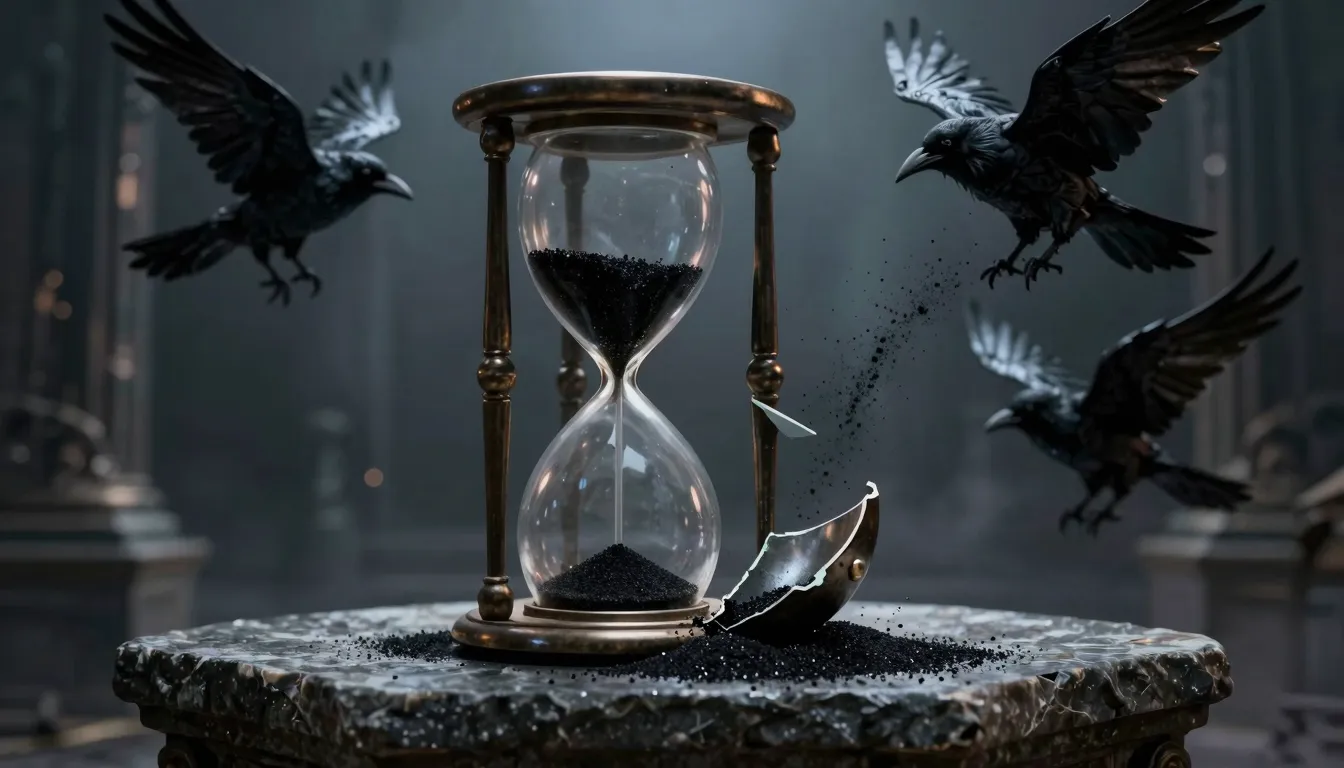A dramatic dark fantasy illustration of a broken hourglass o...