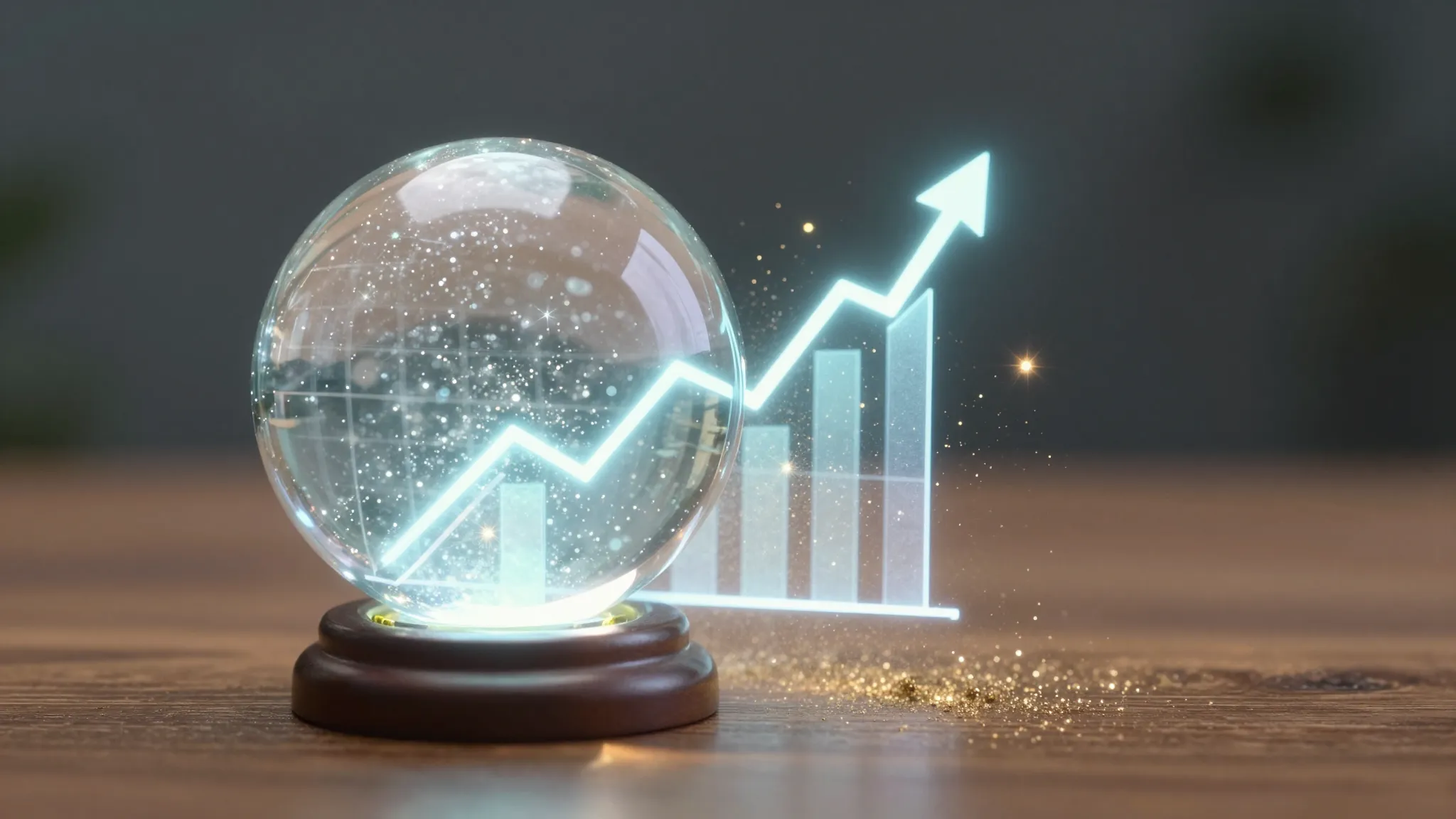 A magical crystal ball on a wooden table showing a glowing g...