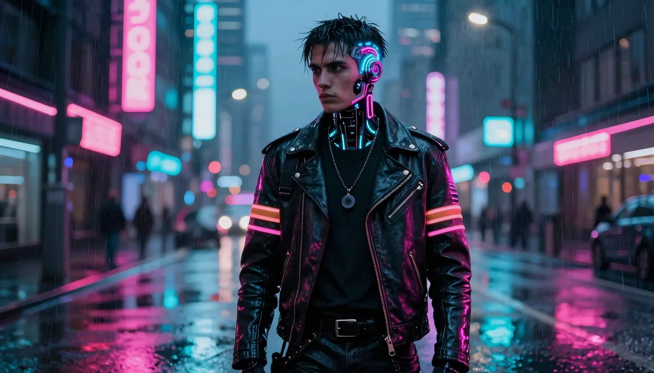 Neon punk aesthetic, a futuristic rebel character with glowi...