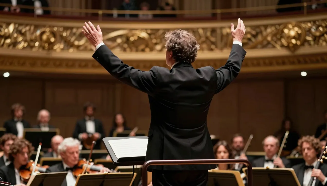 A majestic male conductor from behind, standing on a podium ...