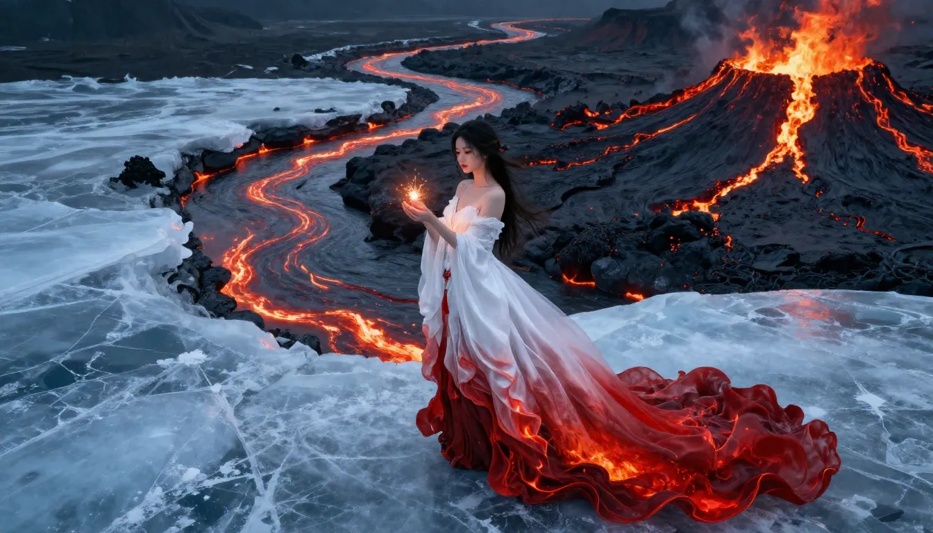 A surreal landscape where a frozen icy ground meets a burnin...