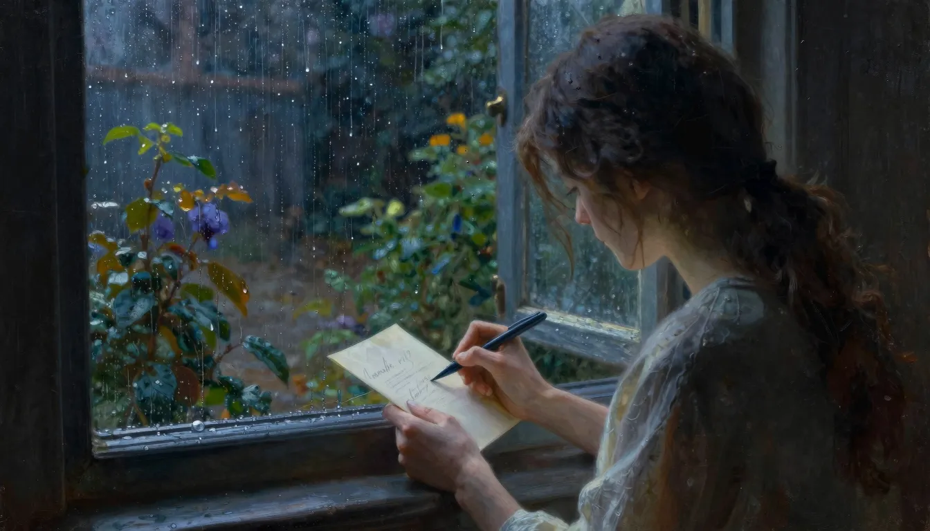 A woman writing a letter by a rainy window, impressionist st...