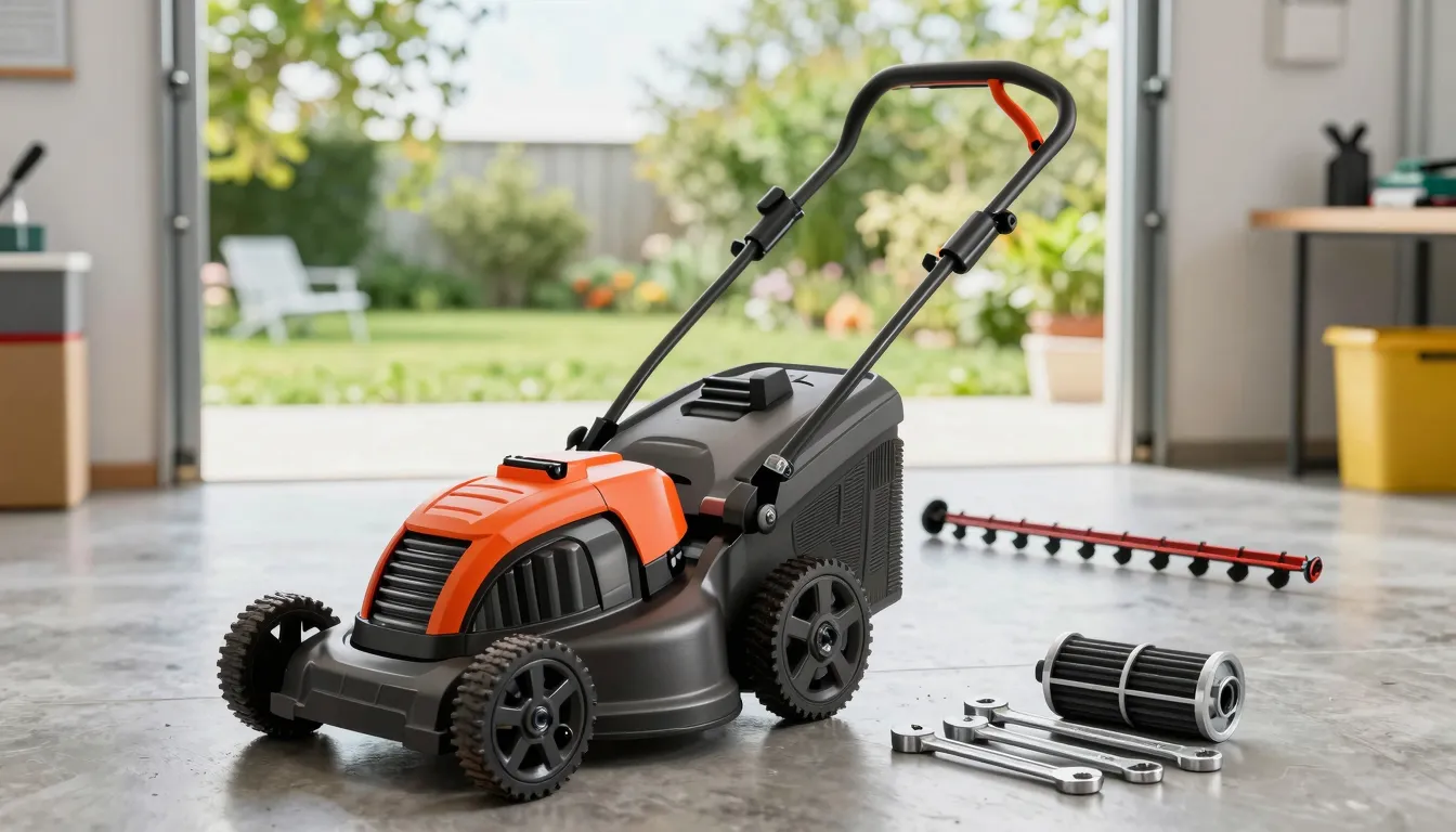 High-quality professional photography of a modern lawn mower...