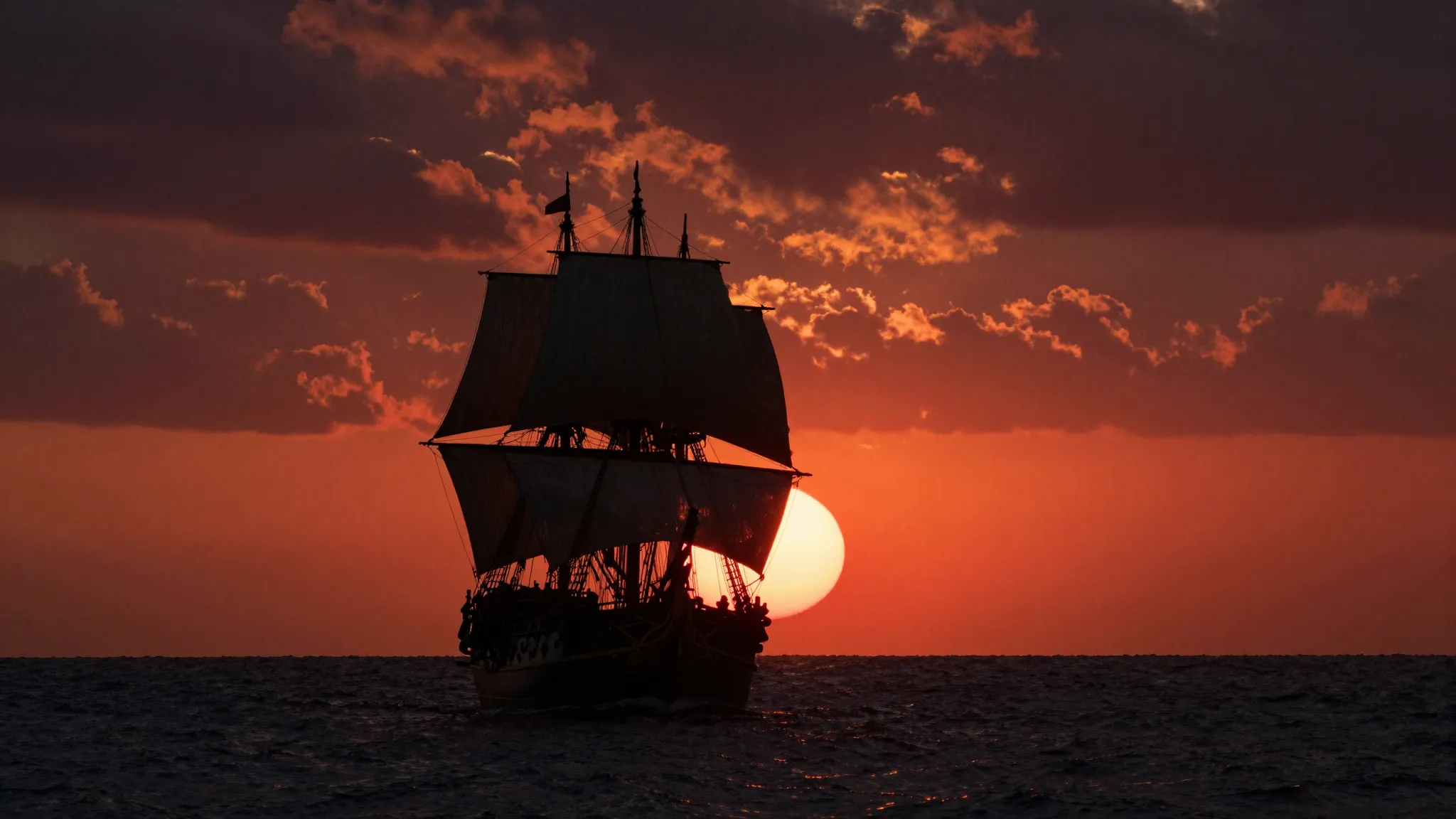 A wide shot of a black pirate ship silhouette sailing direct...
