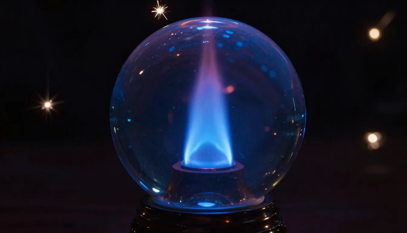 A glowing crystal ball showing a blue gas flame inside, dark...