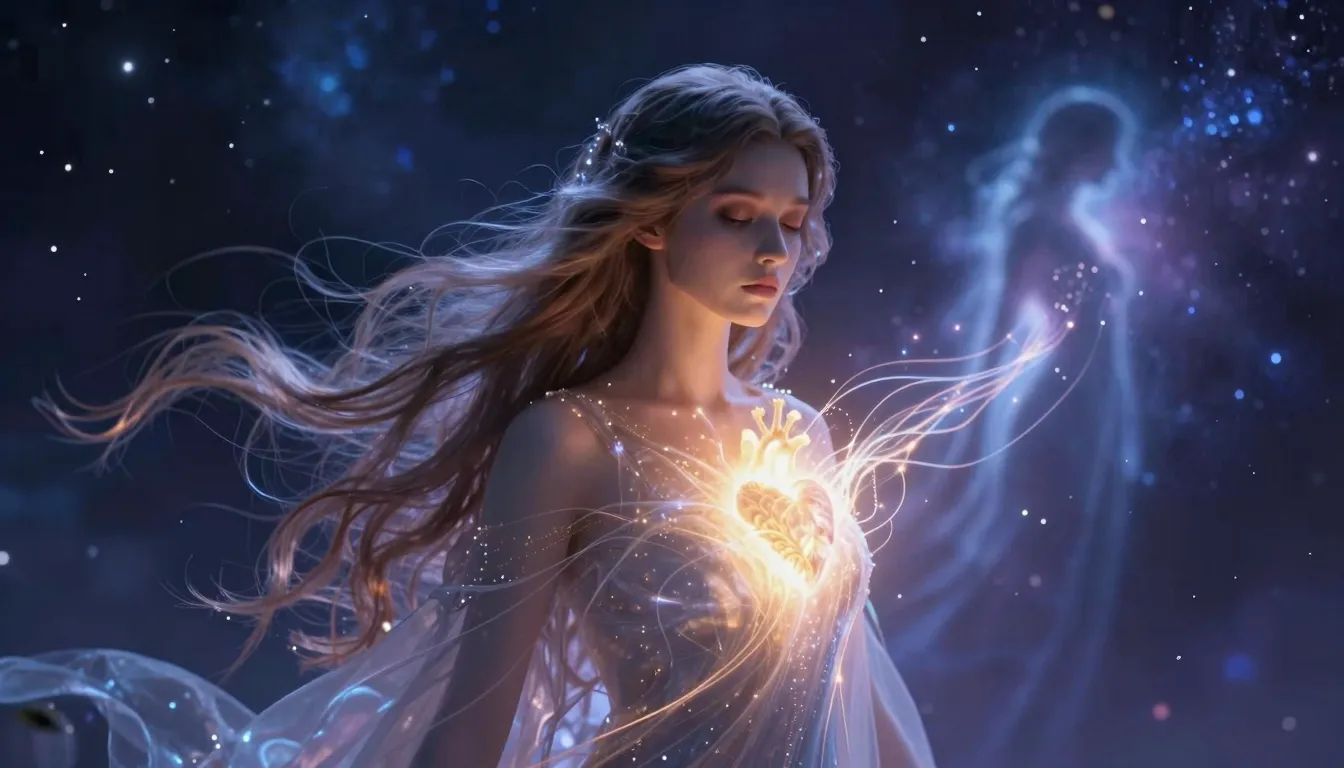 A beautiful ethereal woman with long flowing hair standing i...