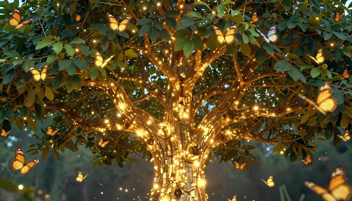 A close-up of the Tree of Life with glowing golden bark, its...