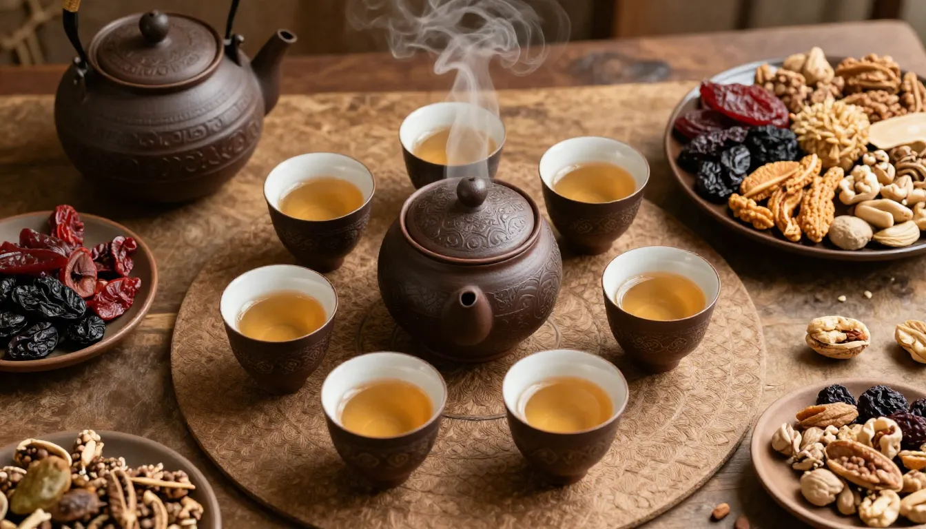 Top view of a traditional tea set with pialas, a steaming te...