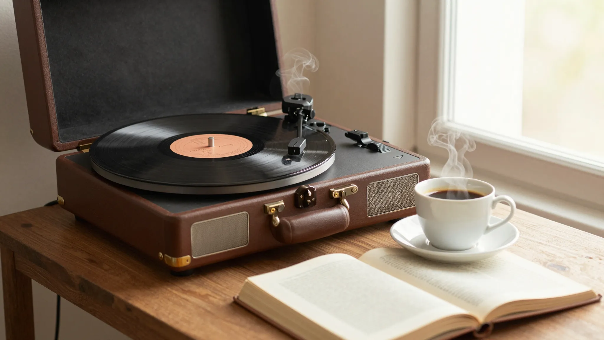An old vinyl record player on a wooden table next to a steam...