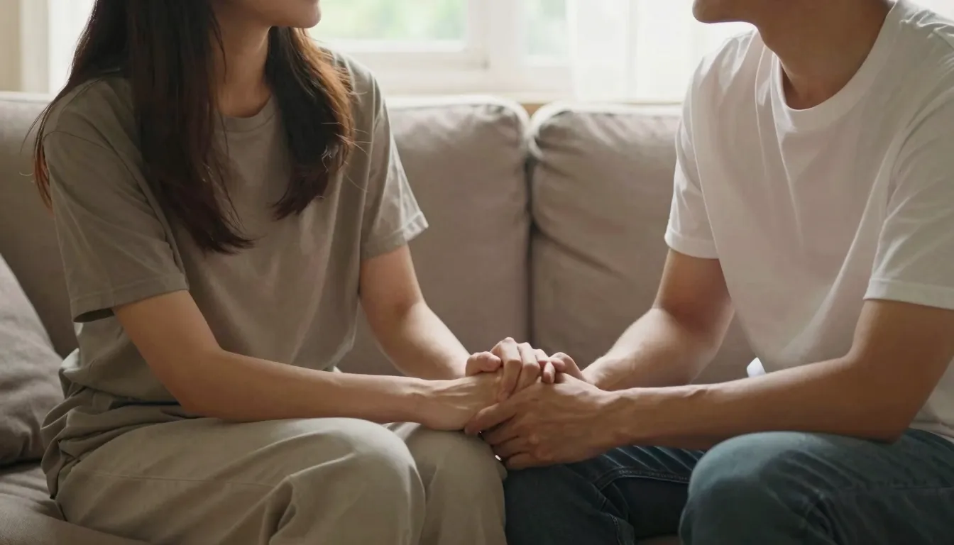 A couple sitting close on a comfortable sofa in a warm, sunl...