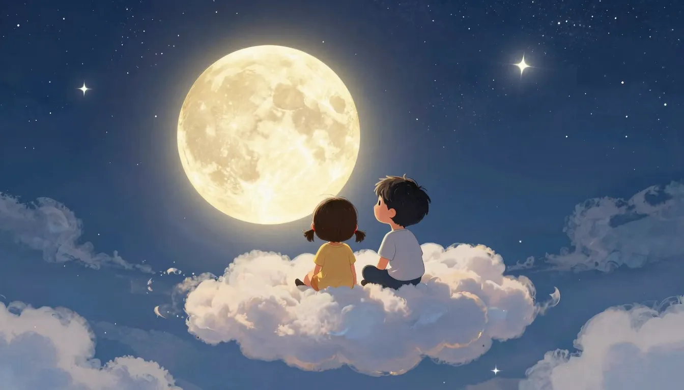 A whimsical illustration of two small children sitting on a ...