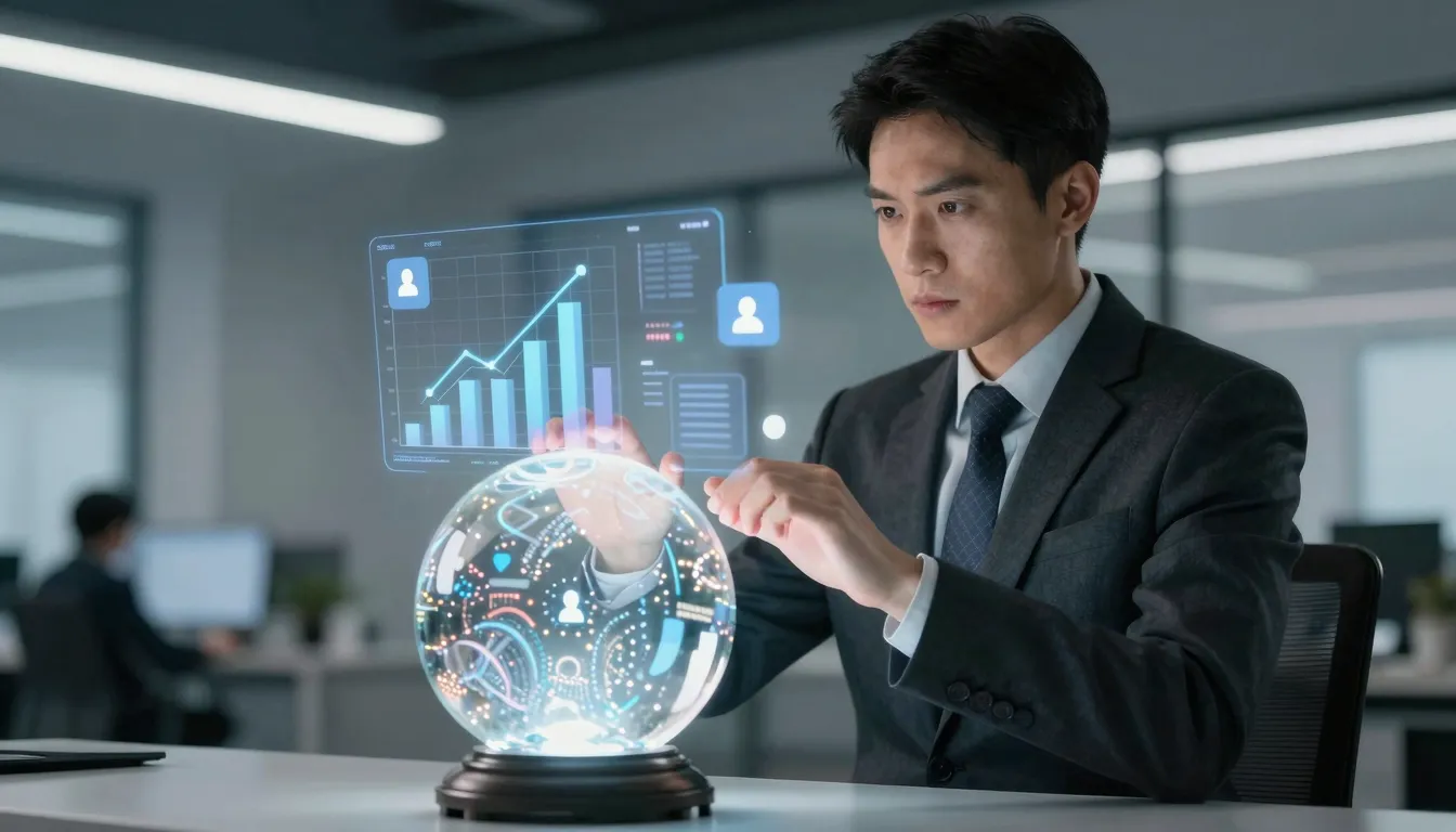 A professional wizard in a modern suit looking into a glowin...