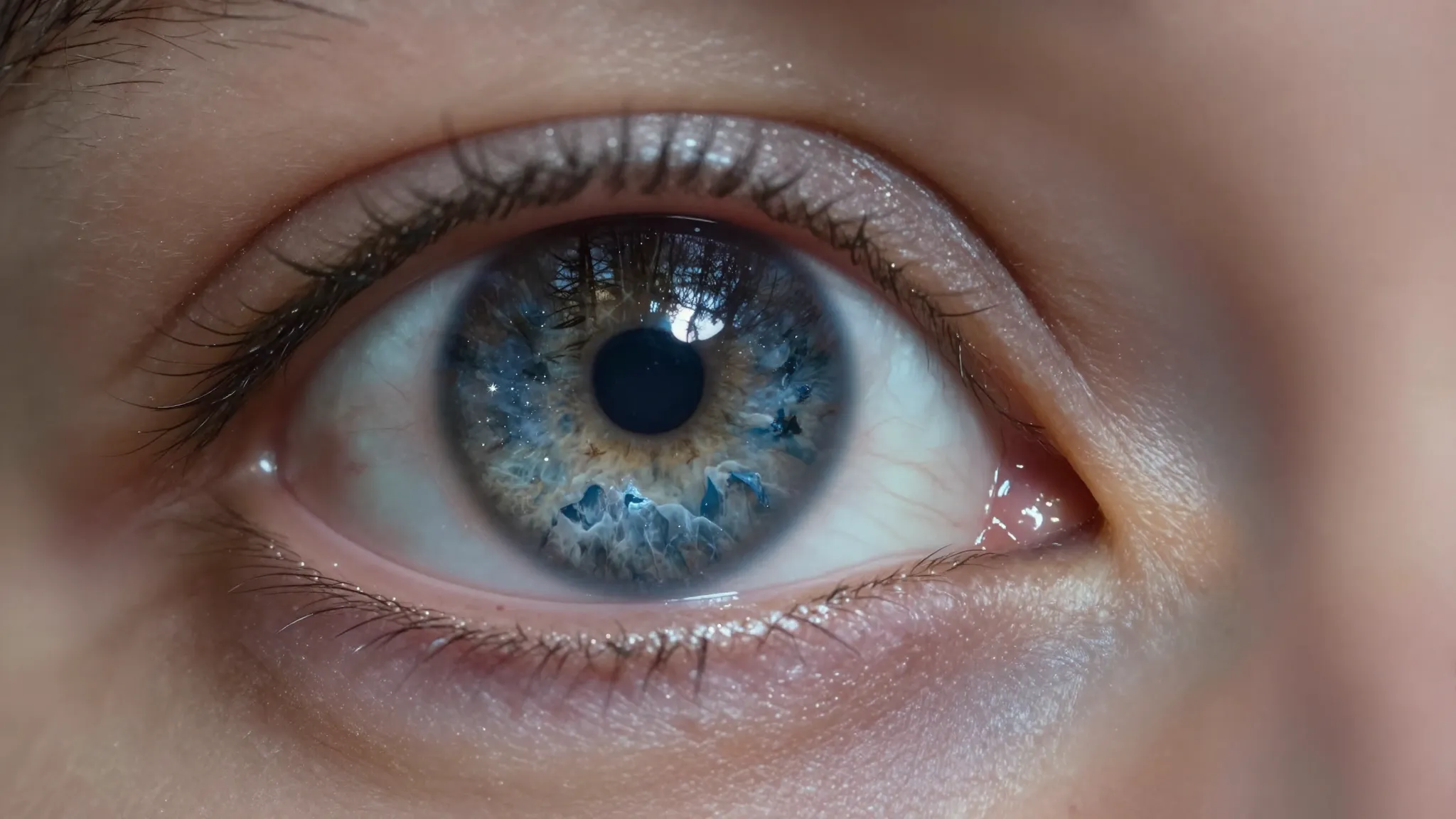 Extreme cinematic close-up of a man's eye. The iris is a dee...