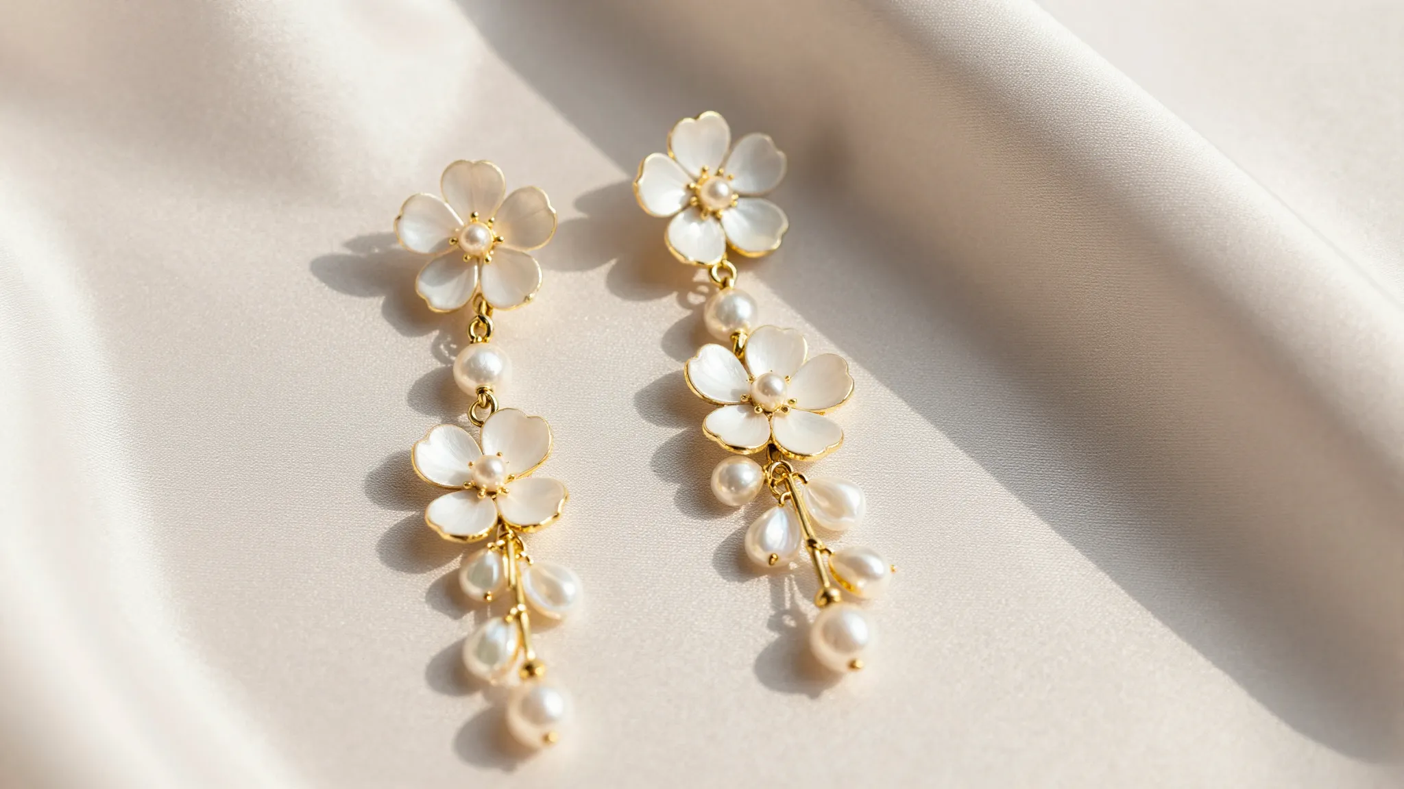 Close-up of elegant long floral earrings on a soft silk back...