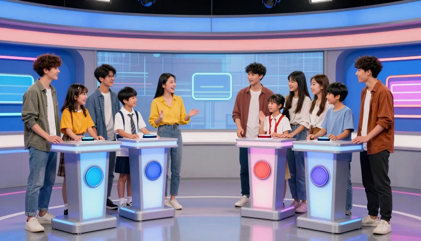 A group of diverse teenagers and children in a brightly lit ...