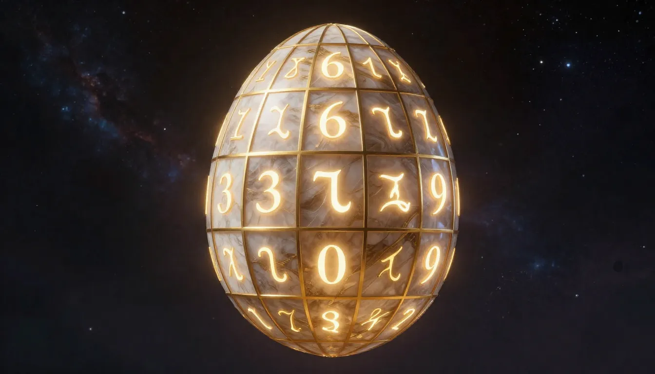 A mystical World Egg standing vertically, divided into 12 gl...
